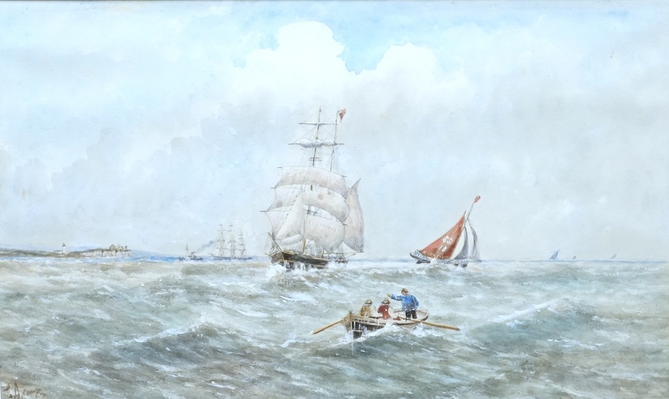 Edouard Adam (French 1847-1929), watercolour, Shipping off coast with a rowing boat in the foreground, (possibly off St Ives, Cornwall, by SS Sail no. on boat in middle foreground), signed, 26 x 43cm